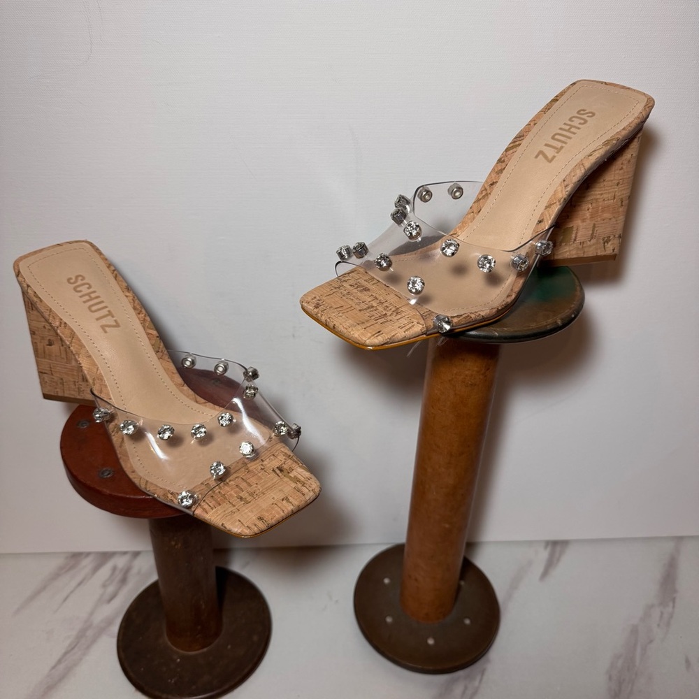 SCHUTZ Tan Cork Heels with Clear Straps and Silver Studs